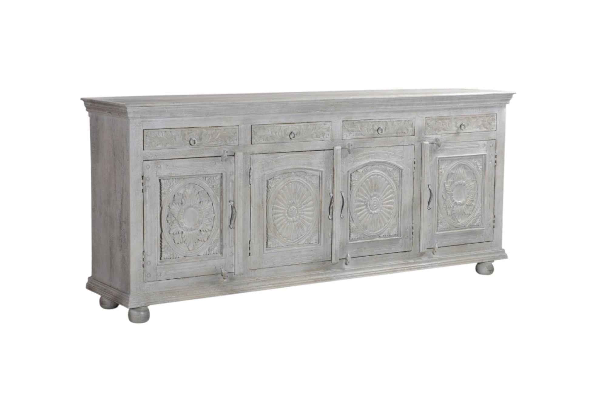 102" Gray Distressed Solid Wood Carved Floral Four Drawer Sideboard with Four Doors