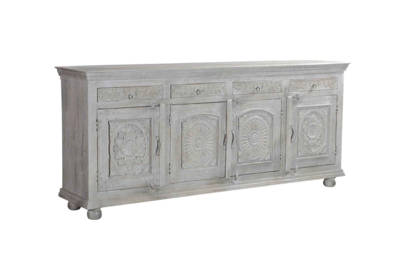 102" Gray Distressed Solid Wood Carved Floral Four Drawer Sideboard with Four Doors