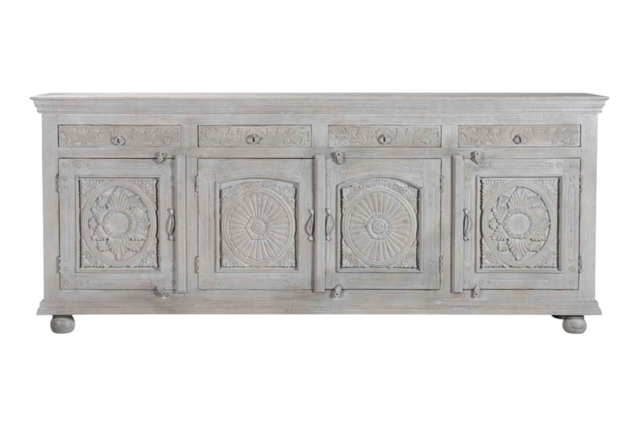 102" Gray Distressed Solid Wood Carved Floral Four Drawer Sideboard with Four Doors
