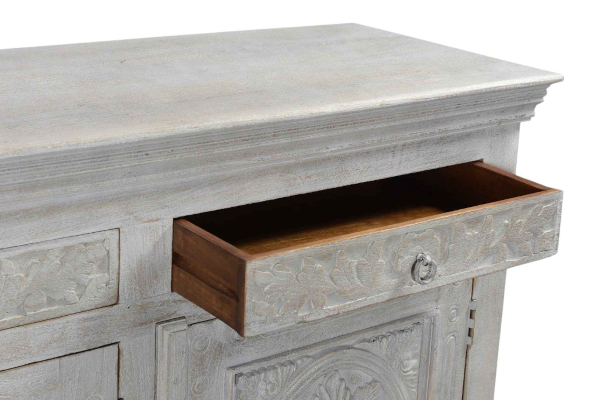 102" Gray Distressed Solid Wood Carved Floral Four Drawer Sideboard with Four Doors