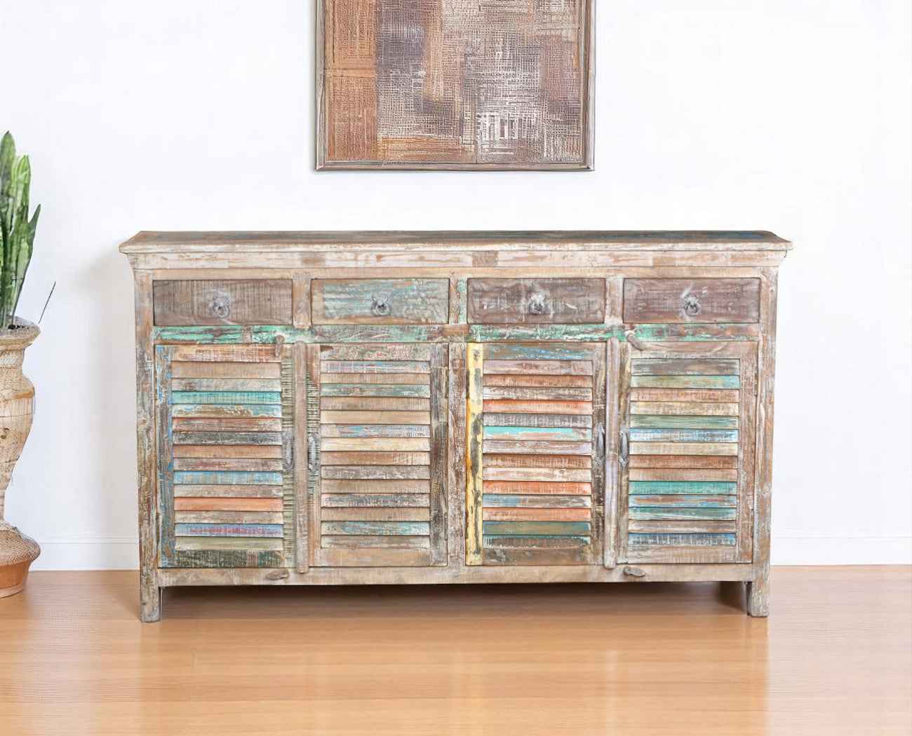 72" Natural And Rainbow Reclaimed Wood Shutter Style Sideboard with Four Doors