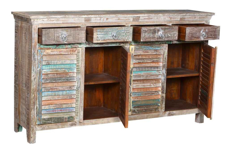 72" Natural And Rainbow Reclaimed Wood Shutter Style Sideboard with Four Doors