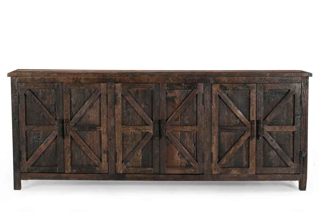 84" Dark Brown Distressed Reclaimed Wood Paneled Sideboard with Six Doors