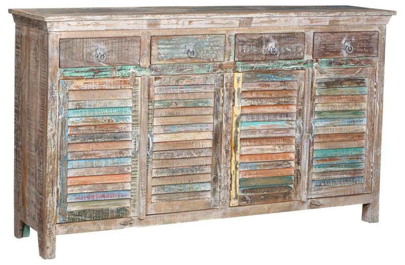72" Natural And Rainbow Reclaimed Wood Shutter Style Sideboard with Four Doors