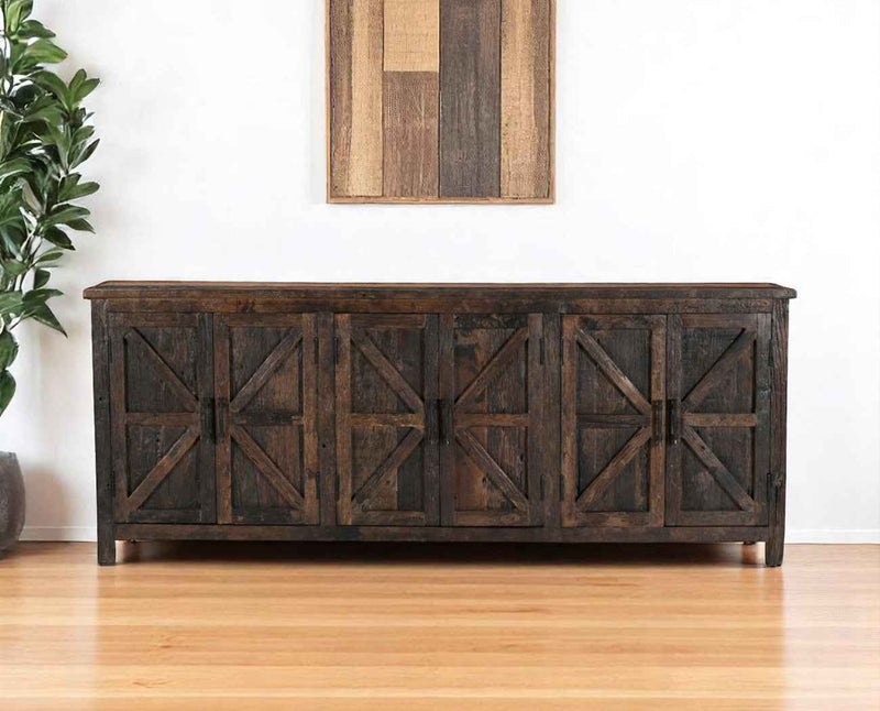 84" Dark Brown Distressed Reclaimed Wood Paneled Sideboard with Six Doors