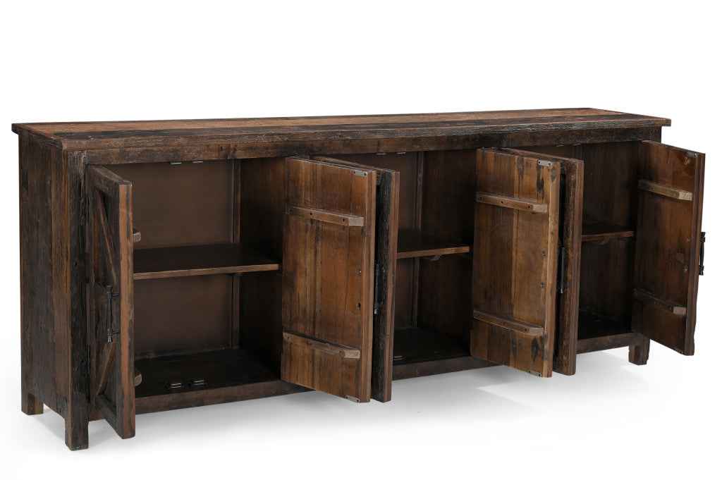 84" Dark Brown Distressed Reclaimed Wood Paneled Sideboard with Six Doors