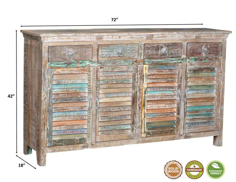 72" Natural And Rainbow Reclaimed Wood Shutter Style Sideboard with Four Doors