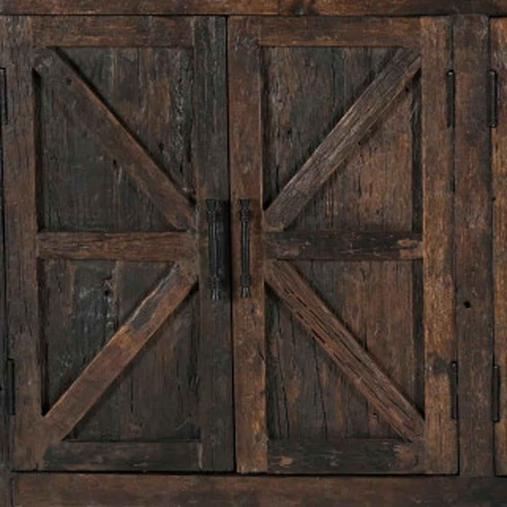 84" Dark Brown Distressed Reclaimed Wood Paneled Sideboard with Six Doors