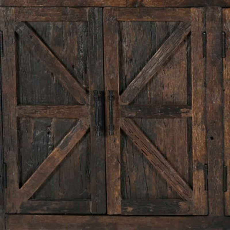 84" Dark Brown Distressed Reclaimed Wood Paneled Sideboard with Six Doors