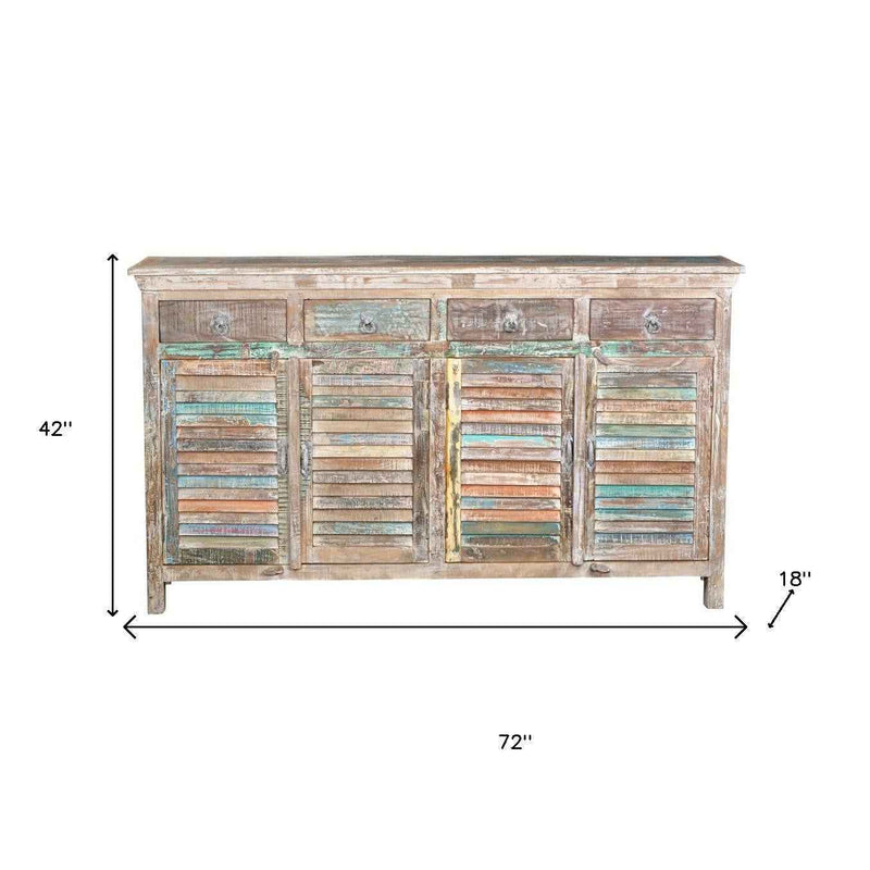 72" Natural And Rainbow Reclaimed Wood Shutter Style Sideboard with Four Doors