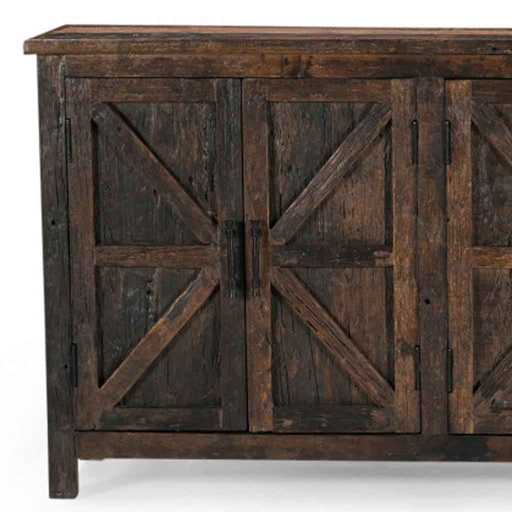 84" Dark Brown Distressed Reclaimed Wood Paneled Sideboard with Six Doors