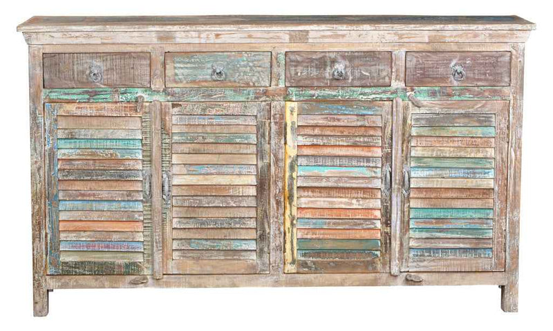 72" Natural And Rainbow Reclaimed Wood Shutter Style Sideboard with Four Doors