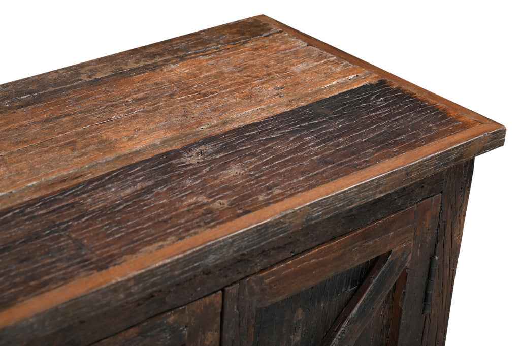 84" Dark Brown Distressed Reclaimed Wood Paneled Sideboard with Six Doors