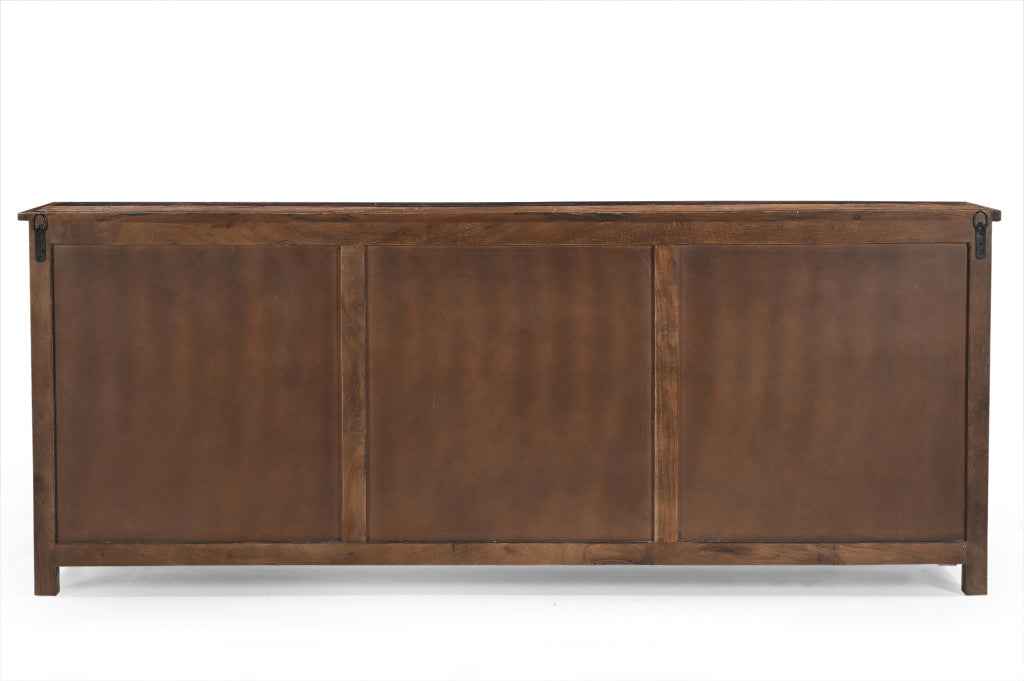 84" Dark Brown Distressed Reclaimed Wood Paneled Sideboard with Six Doors