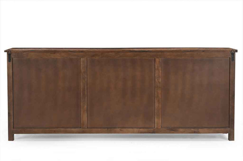 84" Dark Brown Distressed Reclaimed Wood Paneled Sideboard with Six Doors