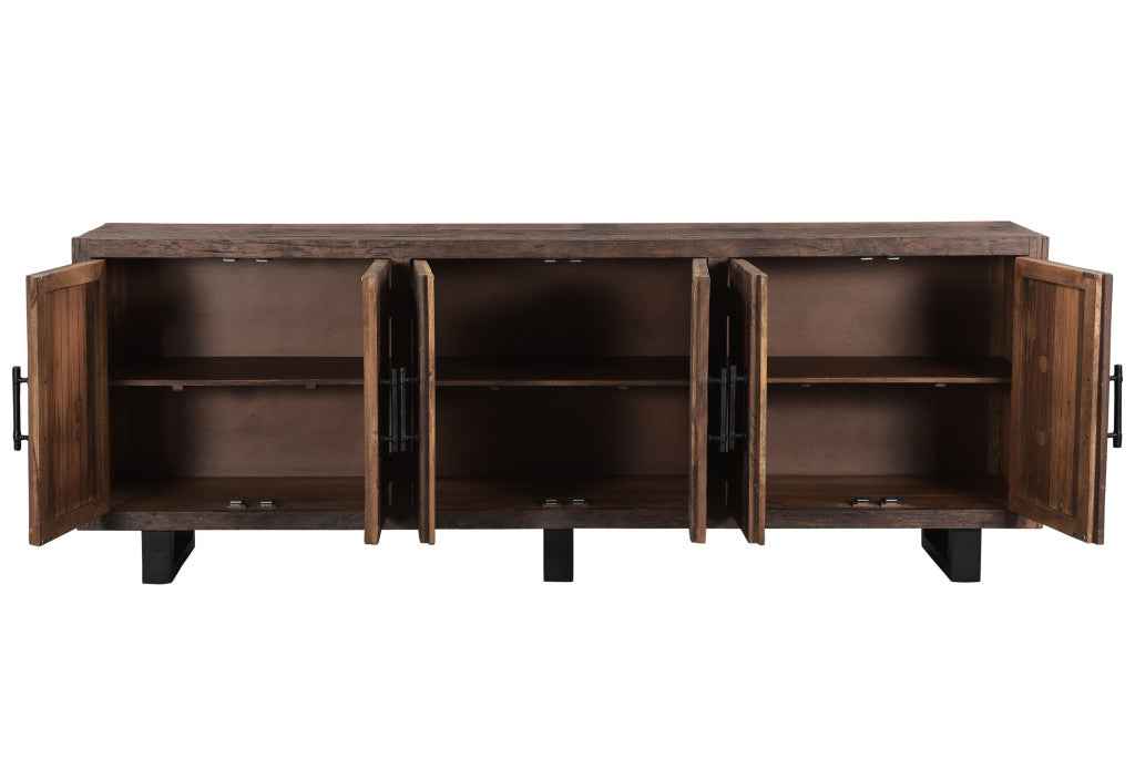 100" Dark Brown Distressed Reclaimed Wood Sideboard with Six Doors