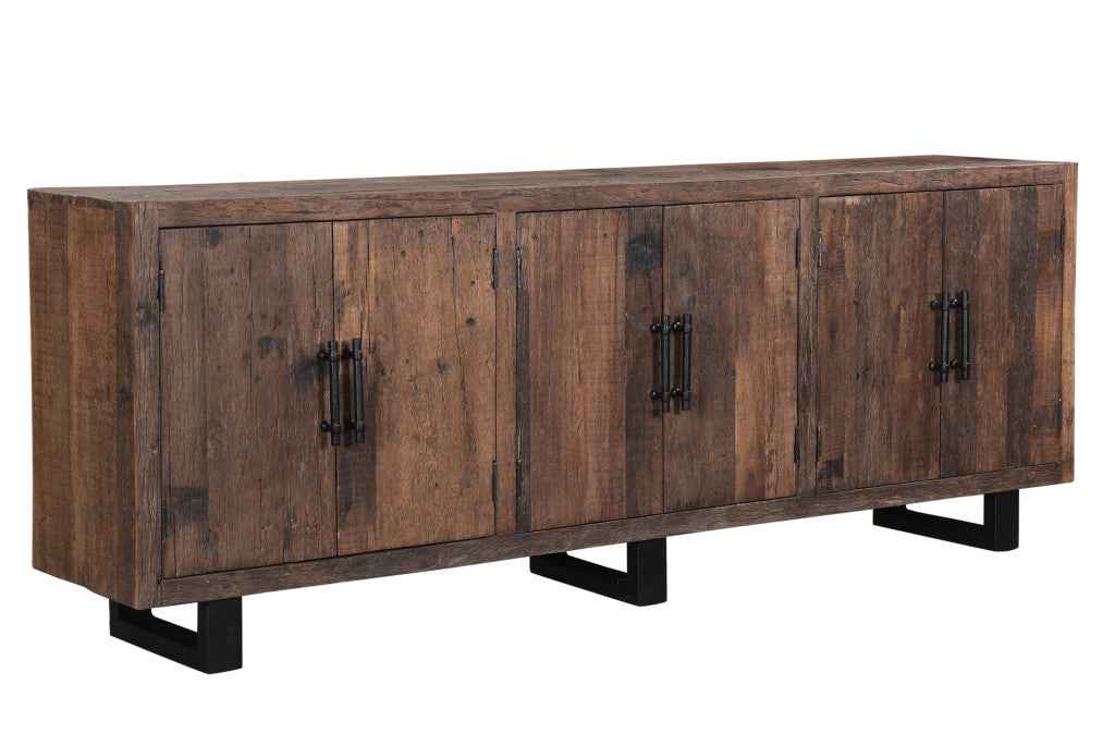 100" Dark Brown Distressed Reclaimed Wood Sideboard with Six Doors