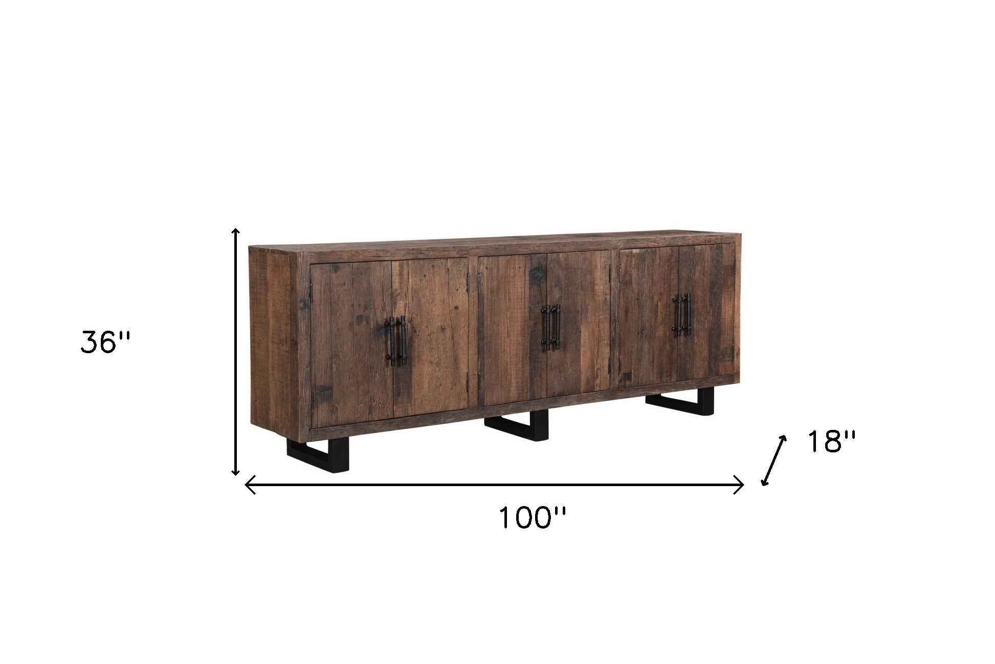 100" Dark Brown Distressed Reclaimed Wood Sideboard with Six Doors