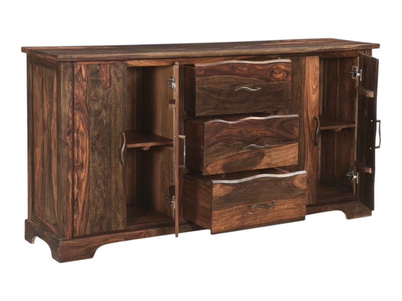 72" Dark Brown Solid Wood Live Edge Three Drawer Sideboard with Four Doors