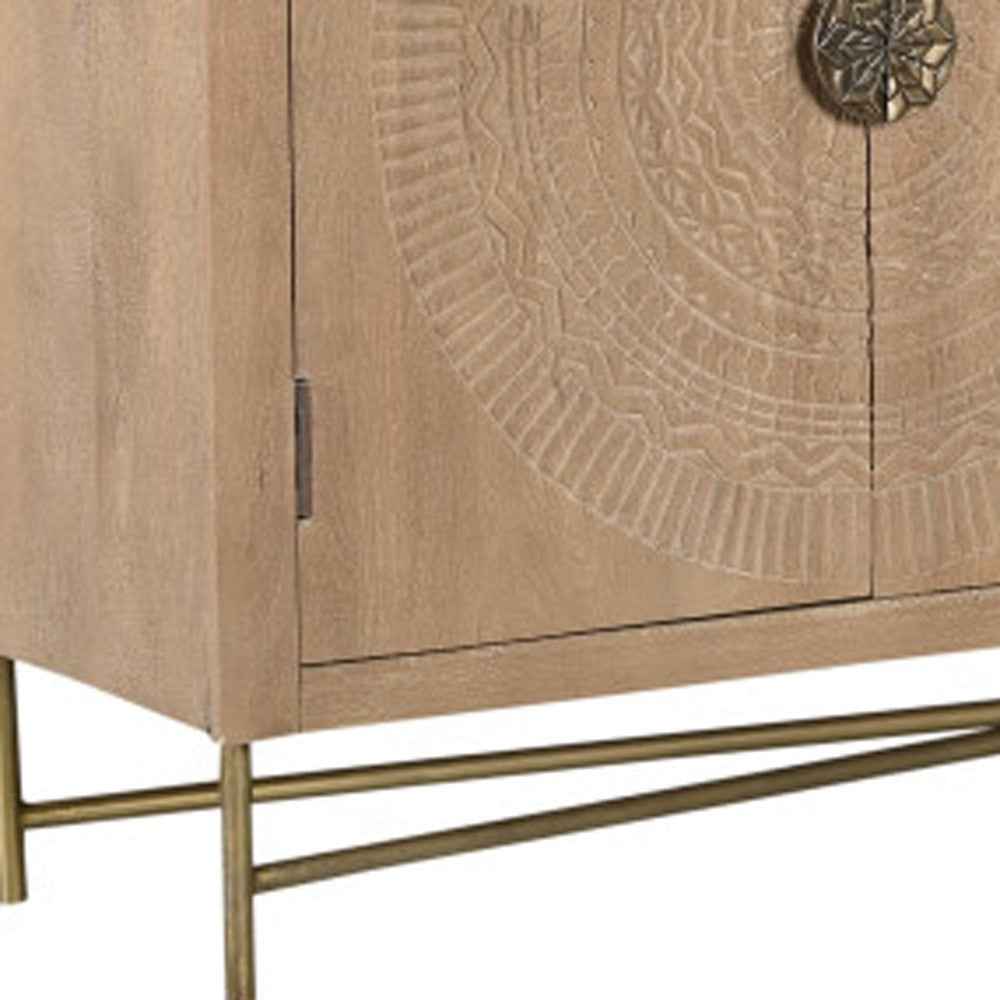 95" Natural And Antiqued Gold Solid Wood Carved Geometric Sideboard with Six Doors