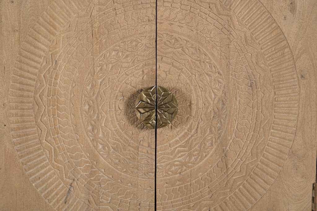 95" Natural And Antiqued Gold Solid Wood Carved Geometric Sideboard with Six Doors