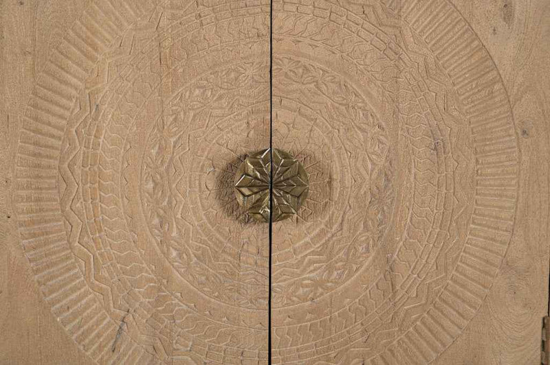 95" Natural And Antiqued Gold Solid Wood Carved Geometric Sideboard with Six Doors