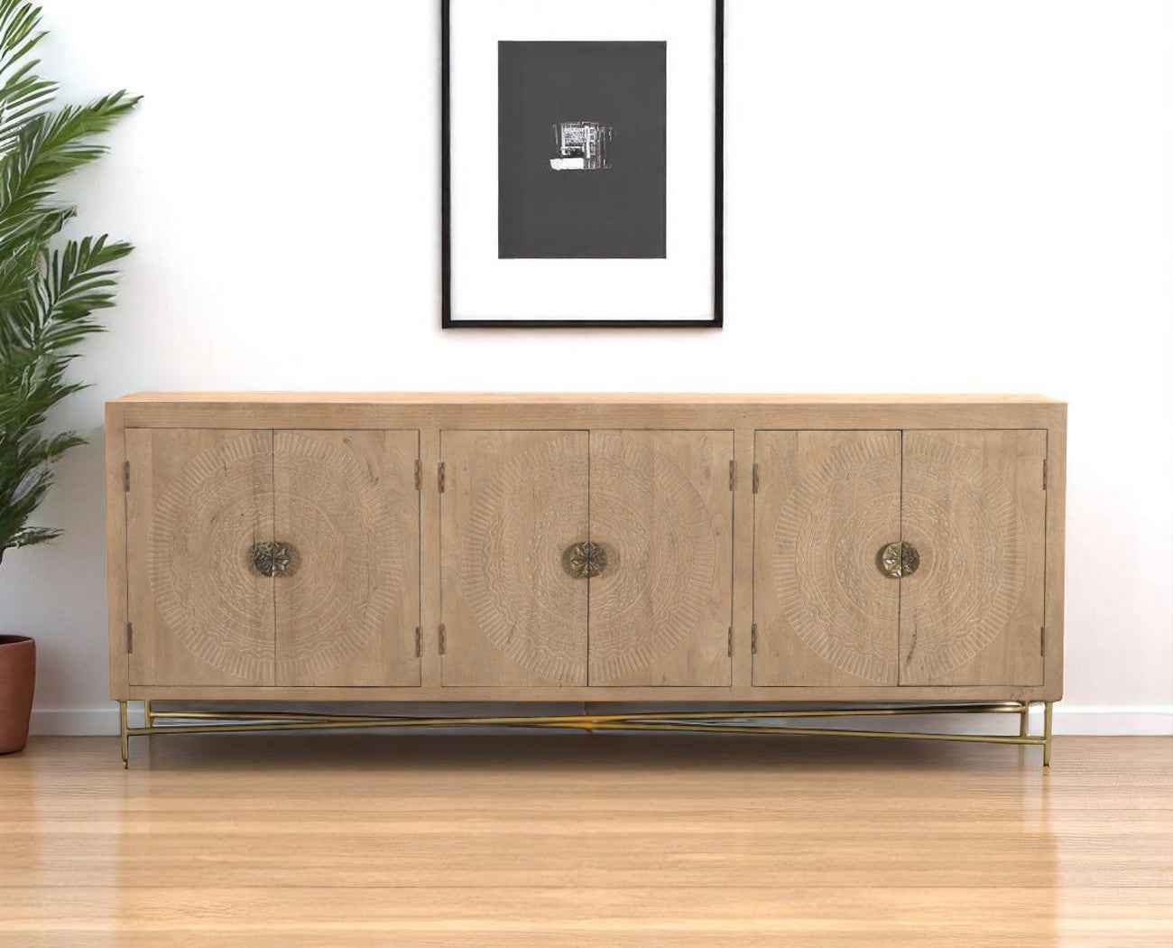 95" Natural And Antiqued Gold Solid Wood Carved Geometric Sideboard with Six Doors
