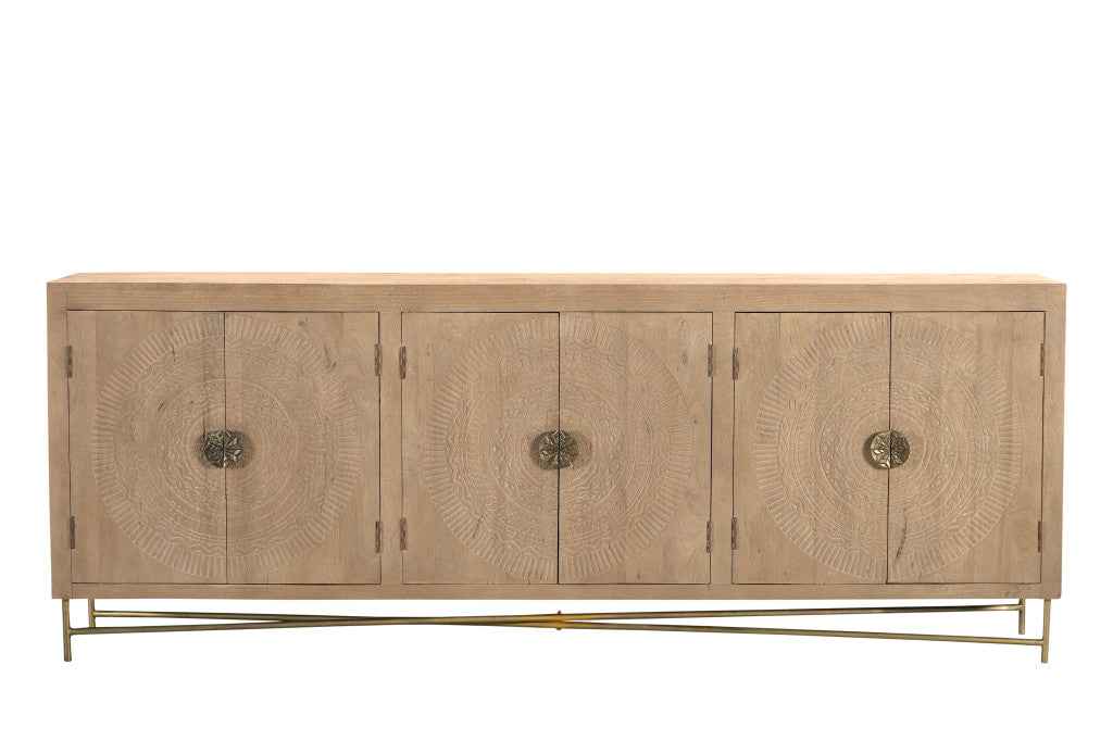 95" Natural And Antiqued Gold Solid Wood Carved Geometric Sideboard with Six Doors