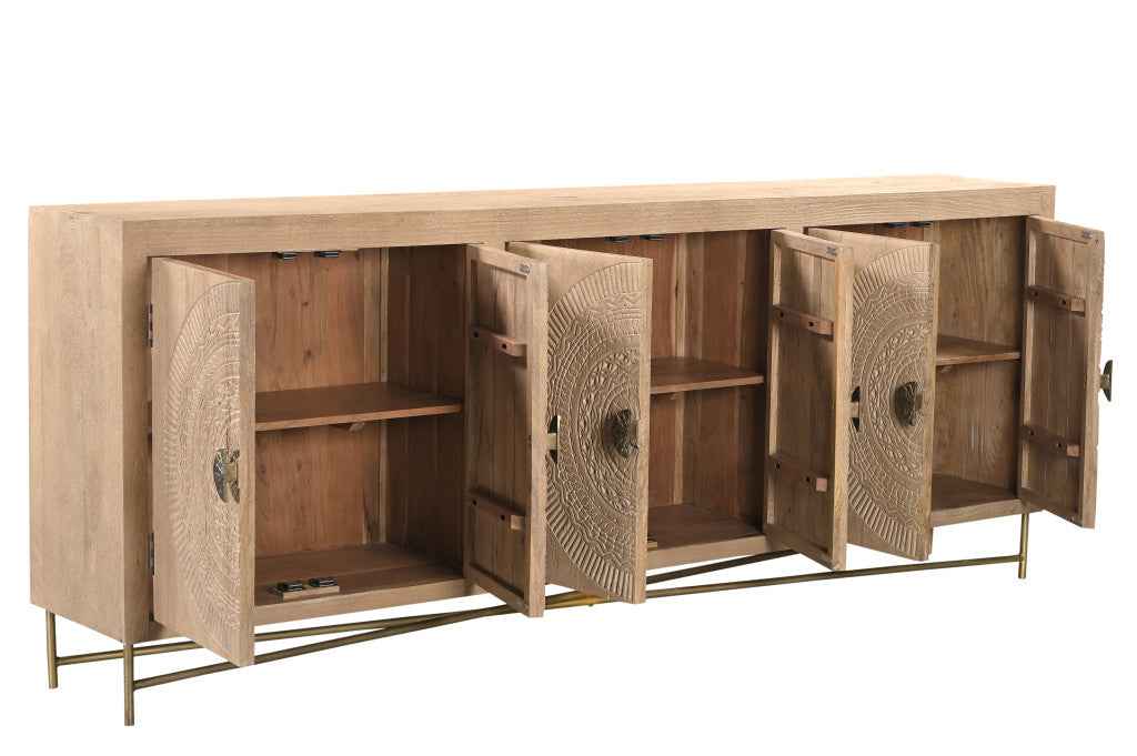 95" Natural And Antiqued Gold Solid Wood Carved Geometric Sideboard with Six Doors