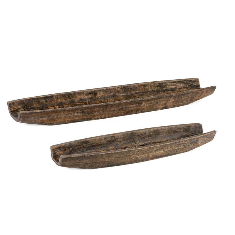 Set of Two Dark Brown Solid Wood Boat Vanity Trays