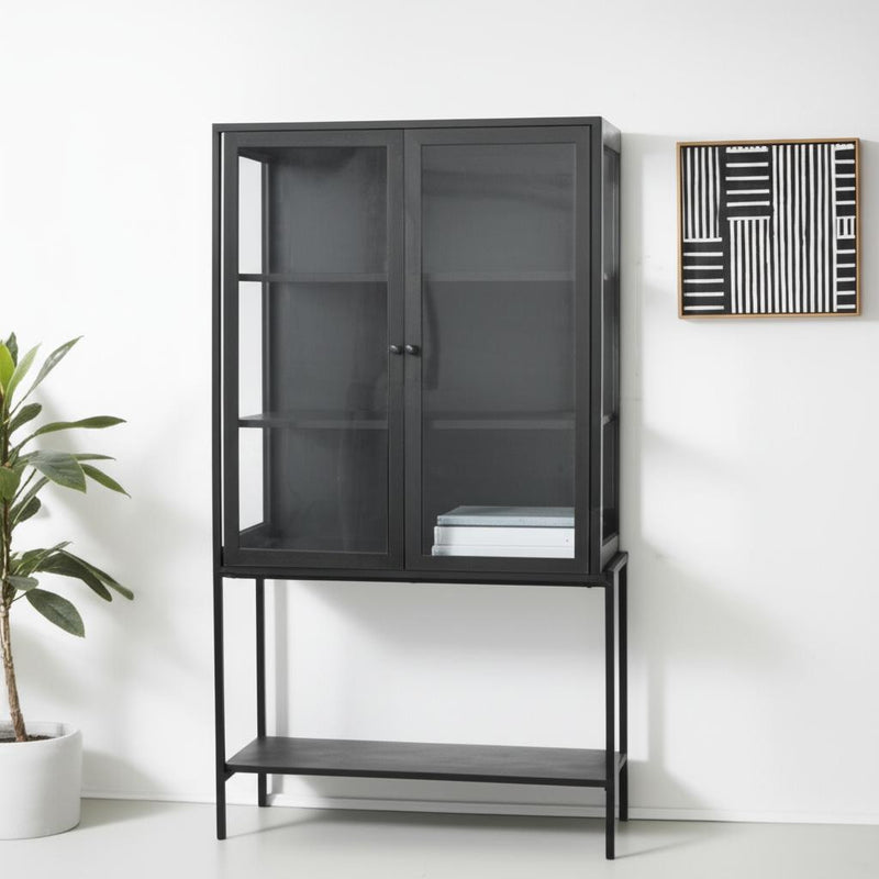36" Black Solid Wood and Metal Display Cabinet With Two Doors - Kitchen & Dining