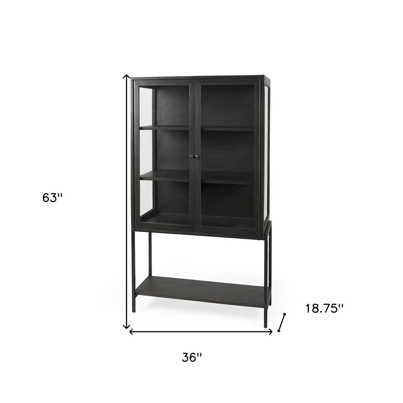 36" Black Solid Wood and Metal Display Cabinet With Two Doors - Kitchen & Dining