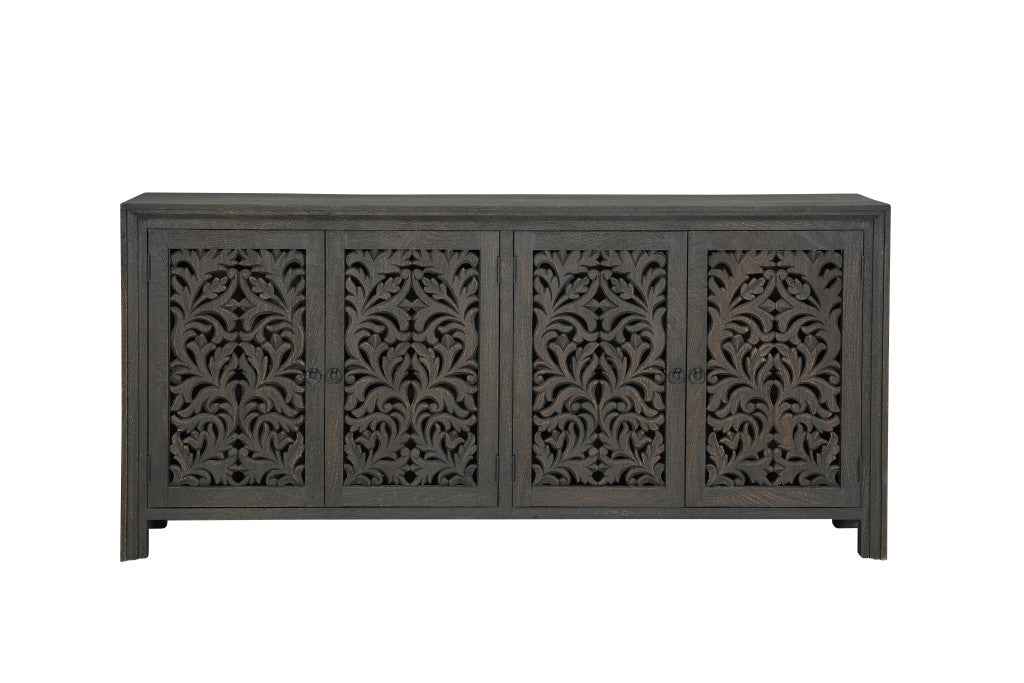 78" Black Distressed Solid Wood Carved Floral Sideboard with Four Doors