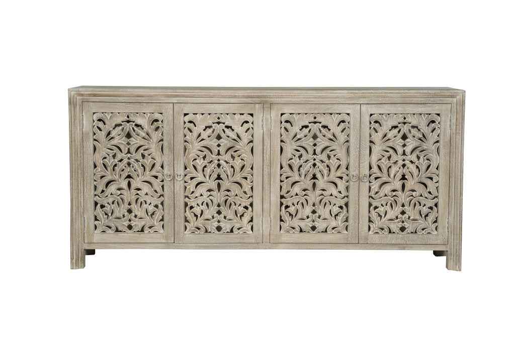 78" Gray Distressed Solid Wood Carved Floral Sideboard with Four Doors