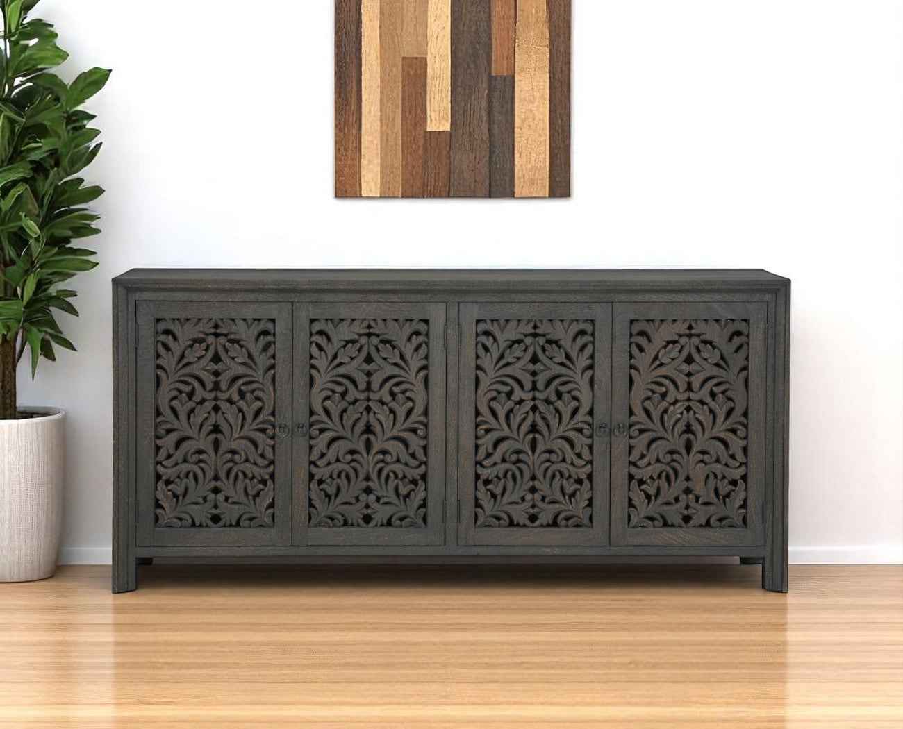 78" Black Distressed Solid Wood Carved Floral Sideboard with Four Doors