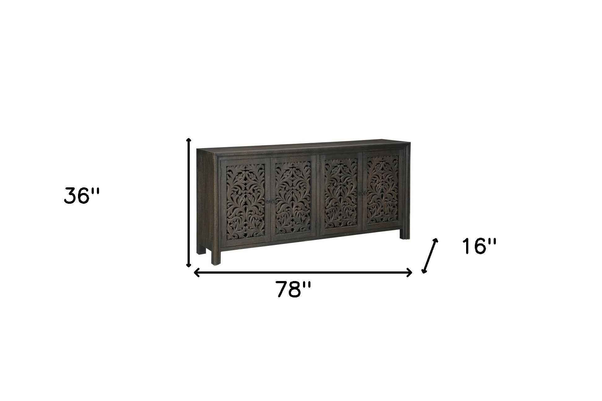 78" Black Distressed Solid Wood Carved Floral Sideboard with Four Doors
