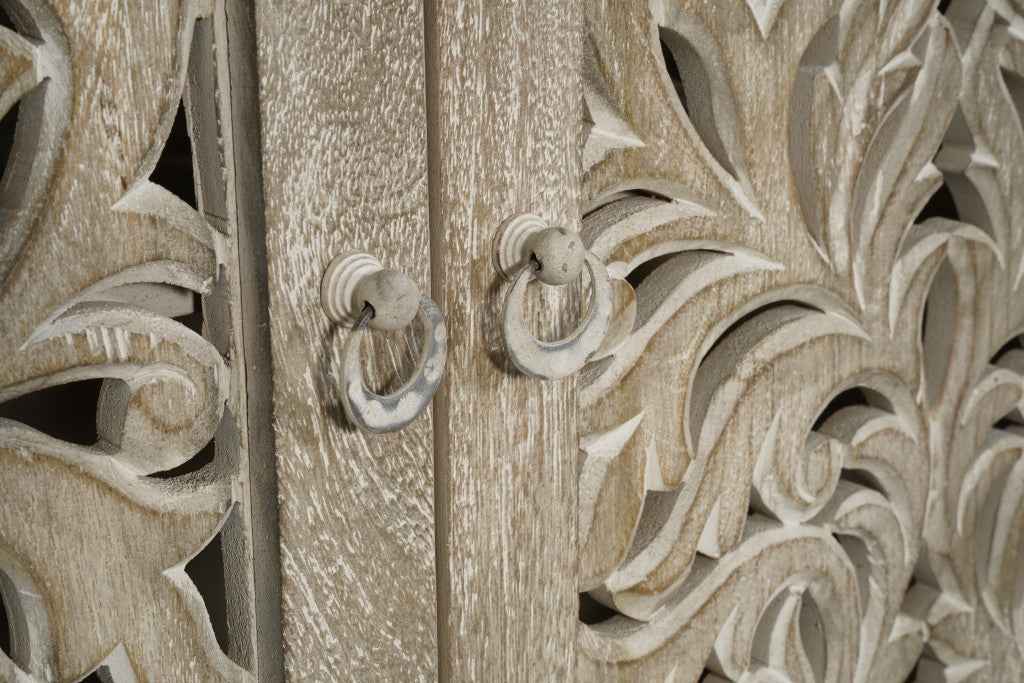 78" Gray Distressed Solid Wood Carved Floral Sideboard with Four Doors