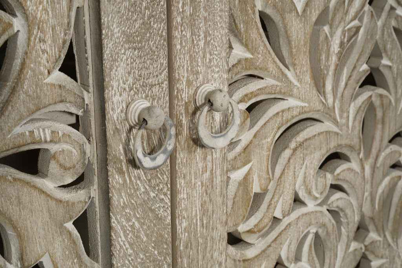 78" Gray Distressed Solid Wood Carved Floral Sideboard with Four Doors