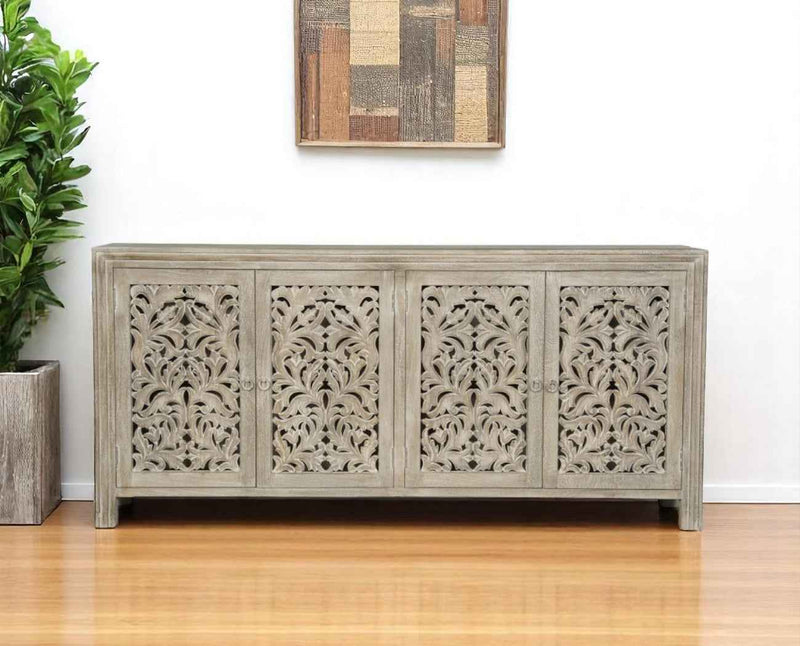 78" Gray Distressed Solid Wood Carved Floral Sideboard with Four Doors