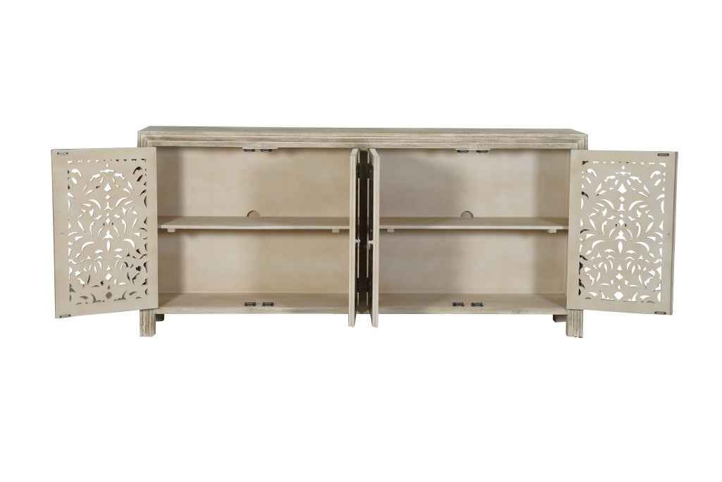 78" Gray Distressed Solid Wood Carved Floral Sideboard with Four Doors