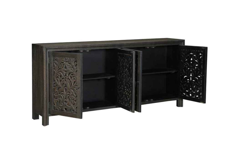 78" Black Distressed Solid Wood Carved Floral Sideboard with Four Doors