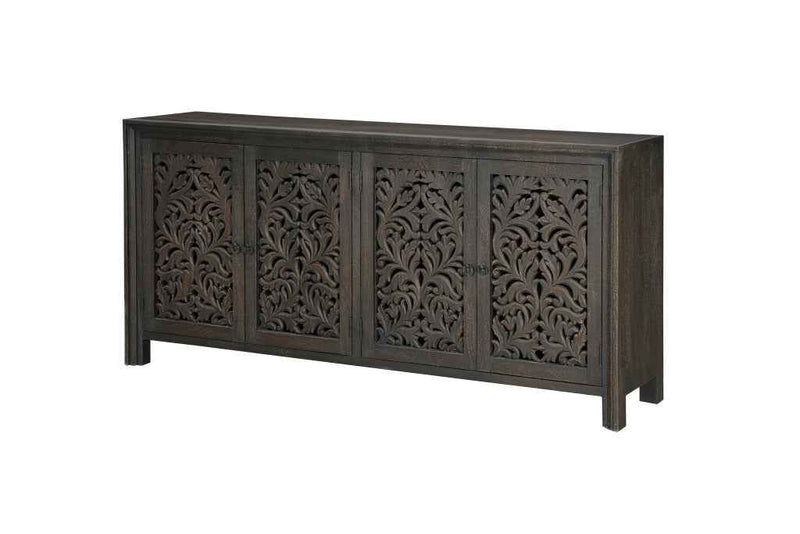 78" Black Distressed Solid Wood Carved Floral Sideboard with Four Doors