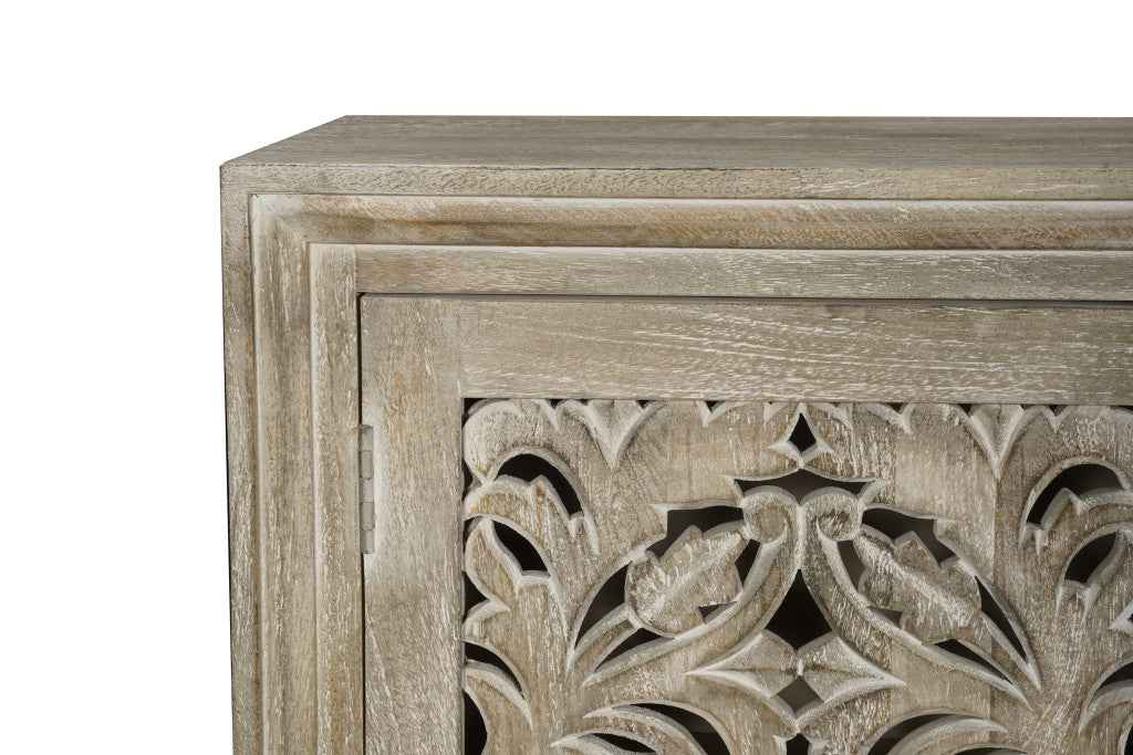 78" Gray Distressed Solid Wood Carved Floral Sideboard with Four Doors