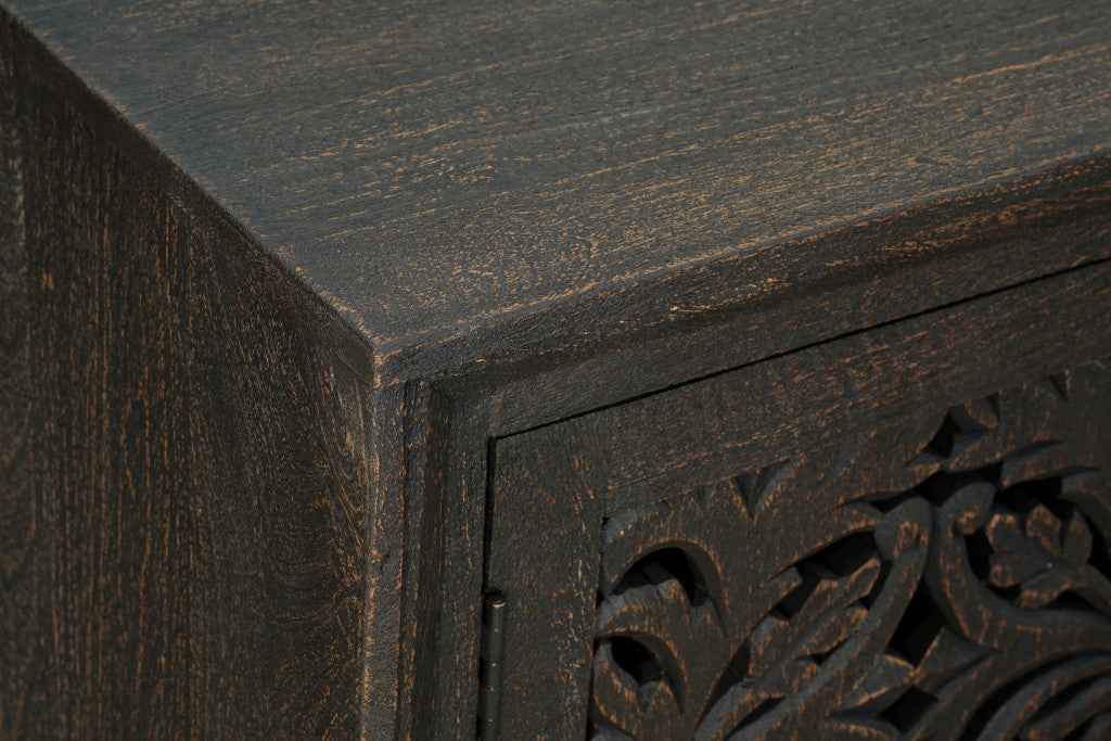 78" Black Distressed Solid Wood Carved Floral Sideboard with Four Doors