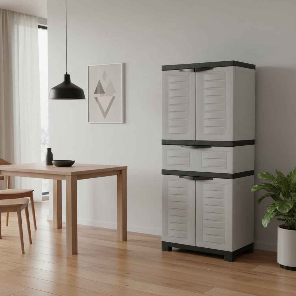 57" Black And Gray Heavy Duty Plastic Four Door Utility Cabinet