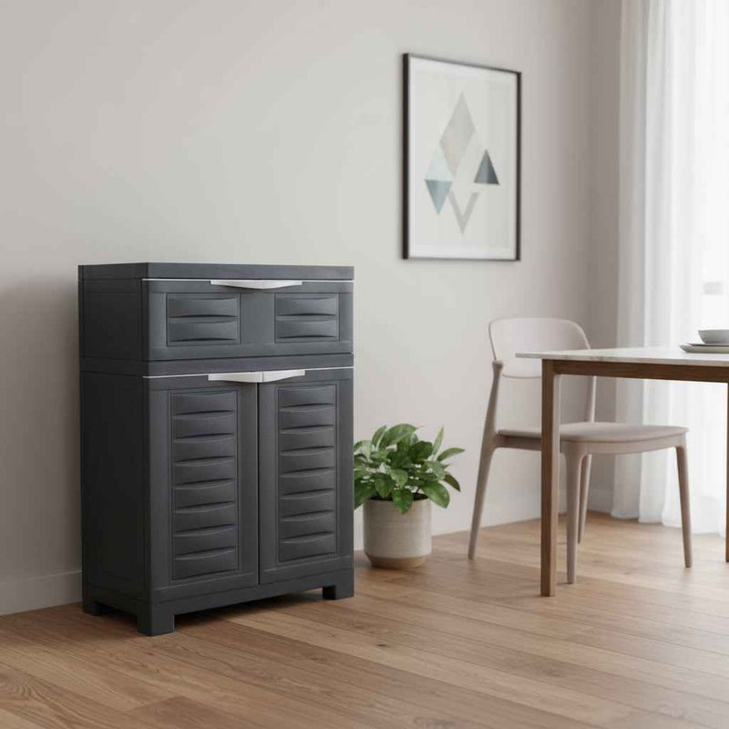 35" Dark Gray Heavy Duty Plastic Two Door One Drawer Utility Cabinet