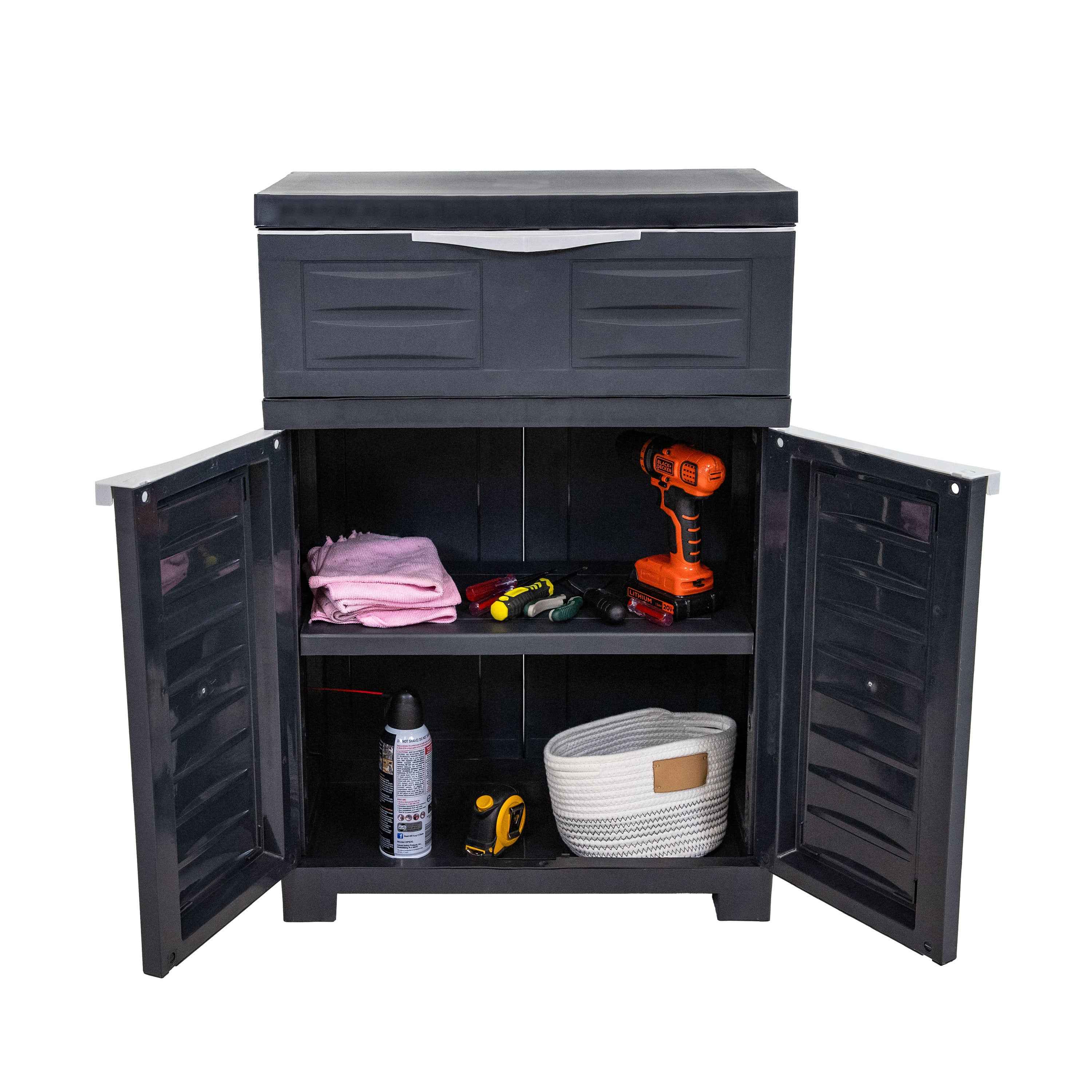 35" Dark Gray Heavy Duty Plastic Two Door One Drawer Utility Cabinet