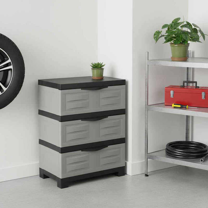 30" Gray And Black Heavy Duty Plastic Three Drawer Utility Cabinet