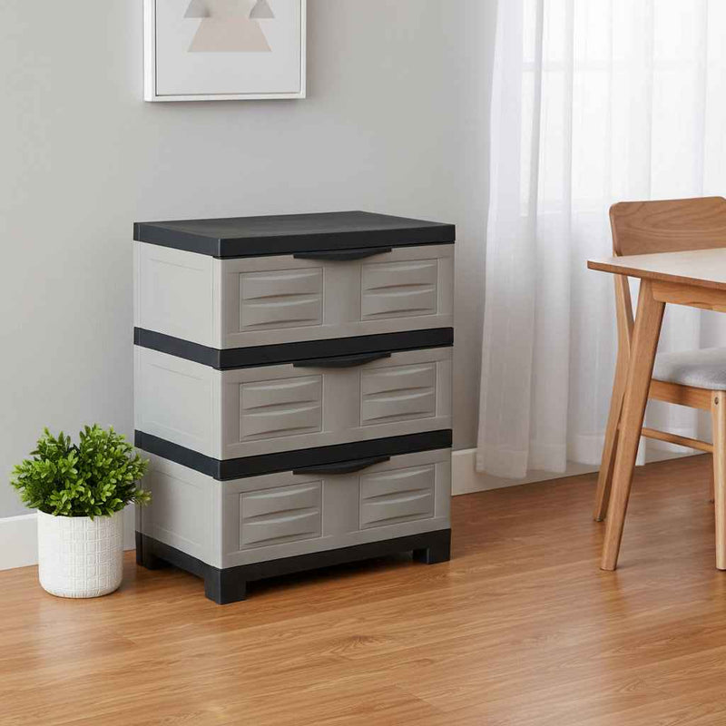 30" Gray And Black Heavy Duty Plastic Three Drawer Utility Cabinet