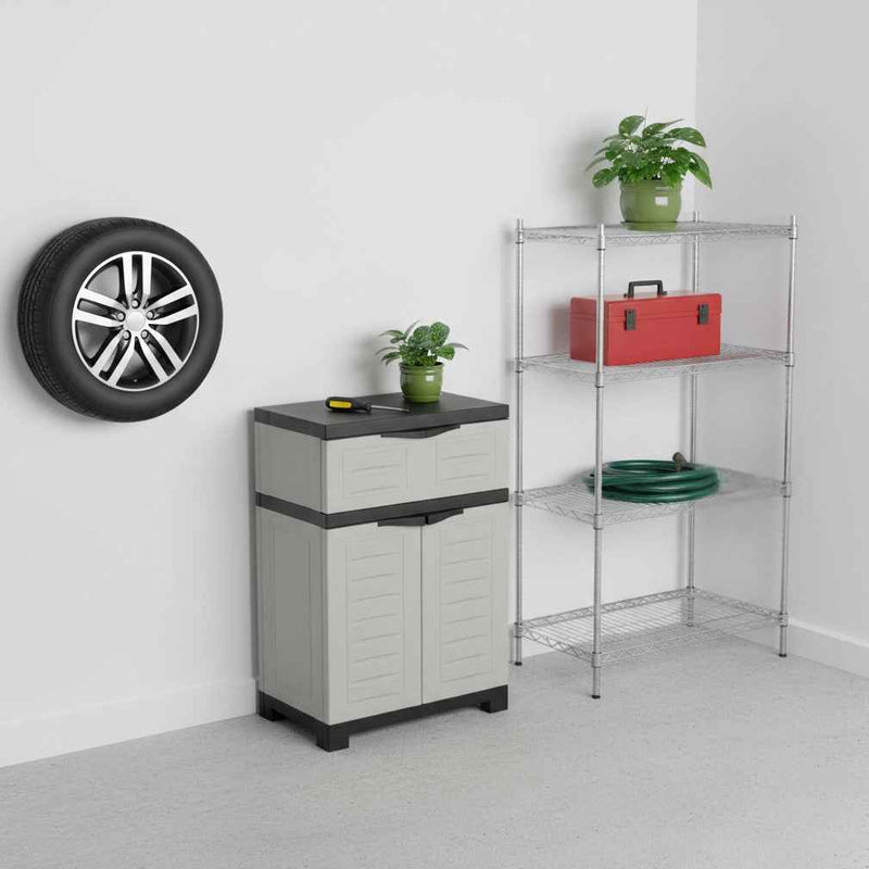 35" Gray Heavy Duty Plastic Two Door One Drawer Utility Cabinet